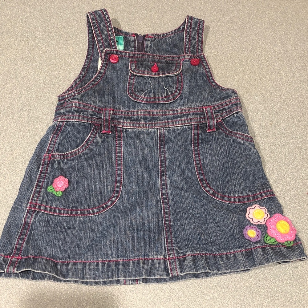 Denim Jumper Dress with Floral Embroidery